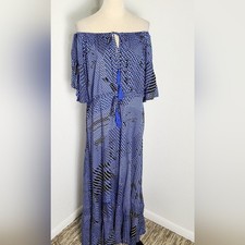SheIn Blue & Black Boho Geometric Print Off-Shoulder Maxi Dress, Sz XL