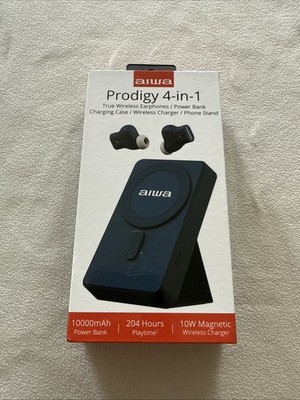 AIWA Prodigy 4-in-1 Wireless Earbuds,  10,000 mgh Powerbank, Phone Stand-Black