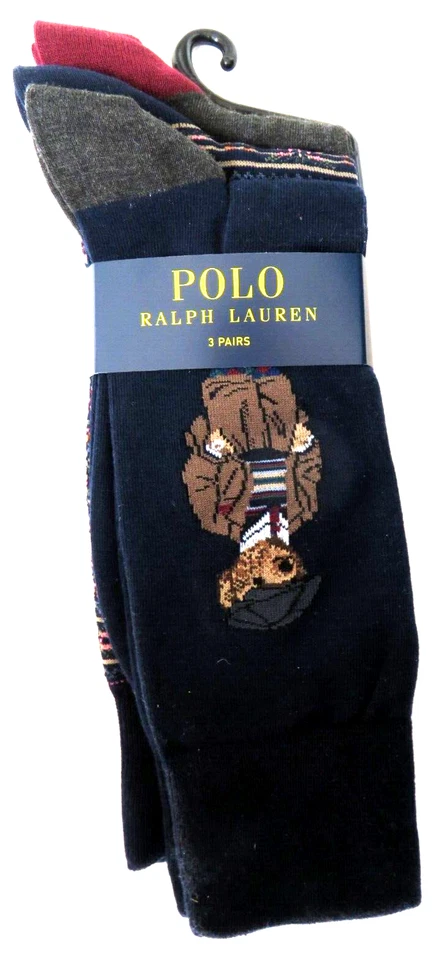 3 pairs Polo Ralph Lauren mens socks navy blue Polo Bear grey NEW casual dressed