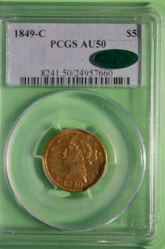 An 1849 c $5 Liberty Half Eagle Gold Coin, Charlotte Mint, Certified AU 50, CAC