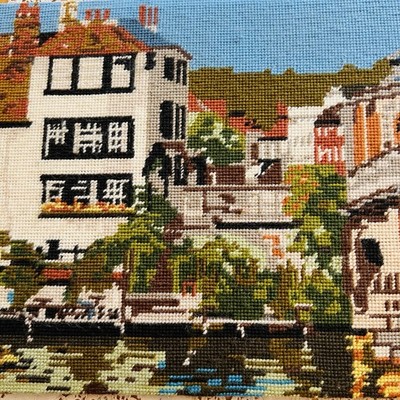 Vintage Hand-Embroidered Canvas   Riverside Village Scene  19.5  x 13 .