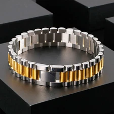New Men's Wide Gold Silver Tone Stainless Steel Bracelet Wrist Link Chain Bangle