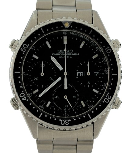 Seiko 37mm Men's Black Dial Chronograph Day-Date Quartz Diver Watch! 7A38-6040!