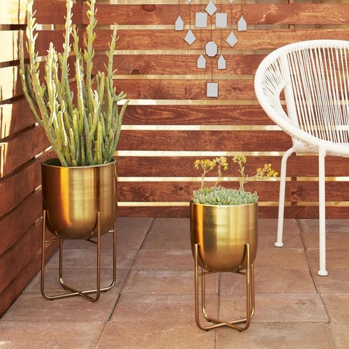 Gold Metal Planter Set of 2 Decorative Indoor Outdoor Pots Curved Base Round New - Picture 2 of 11