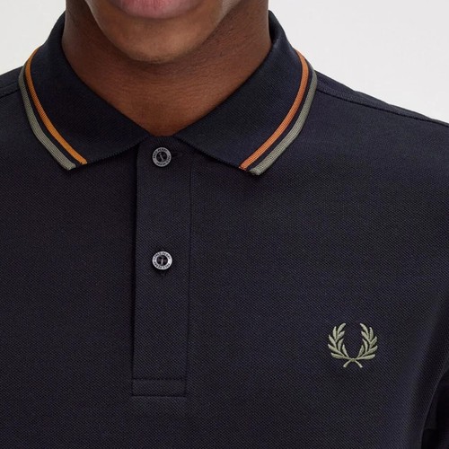 Fred Perry Men's Short Sleeve M3600 Twin Tipped Polo Shirt Navy/Nutflake/Green S - Picture 3 of 5