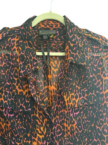 Jeans By Buffalo XL Sheer Tunic Button Blouse Leopard Orange Pink Black #3637 - Picture 2 of 11