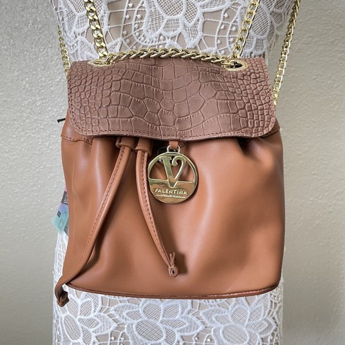 Bolso Mochila Convertible Valentina Cuero Italiano Correa Cadena Oro Camel - Imagen 3 de 18