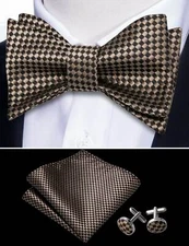 Self-Tie Bowtie, Hanky, & Cufflinks: Black & Gold (Checkerd)