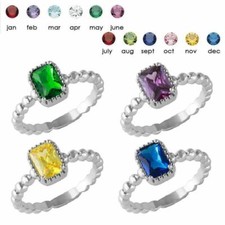 Sterling Silver Beaded Shank Ring w/ Birthstone Colored Rectangular CZ Stone
