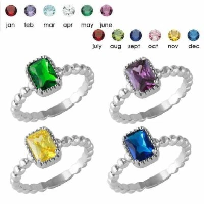 Sterling Silber Ring Mit Perlenfassung Geburtsstein Farbiges Rechteck CZ - Bild 1 von 2