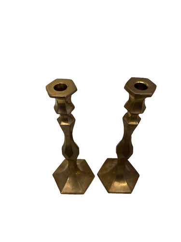 Two Vintage Brass Candlesticks Hexagonal 12 inches Art Deco Style Quiet Luxury - Picture 3 of 4