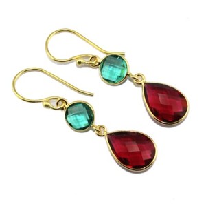 Authentic Pear Round Multi-Color Hydro Quartz Chalcedony Gold Plated Gemstone Earring