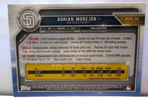 Adrian Morejon RC 2019 Bowman Chrome Rookie Card#1/1!Padres P RC FUTURE - Picture 5 of 5