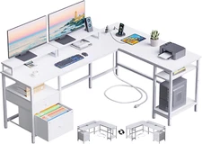 White 66” L Shaped Desk with Power Outlet, Reversible Computer Desk with File Dr