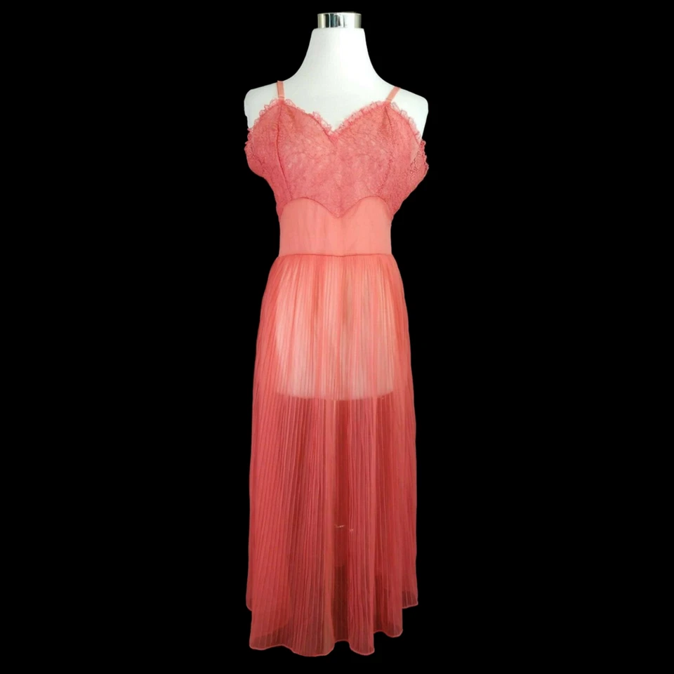 DE COLECCIÓN AÑOS 50 SEAMPRUFEN 36 o M Coral Plisado Encaje Gasa Deslizamiento Completo HERMOSO Foto 2 de 4