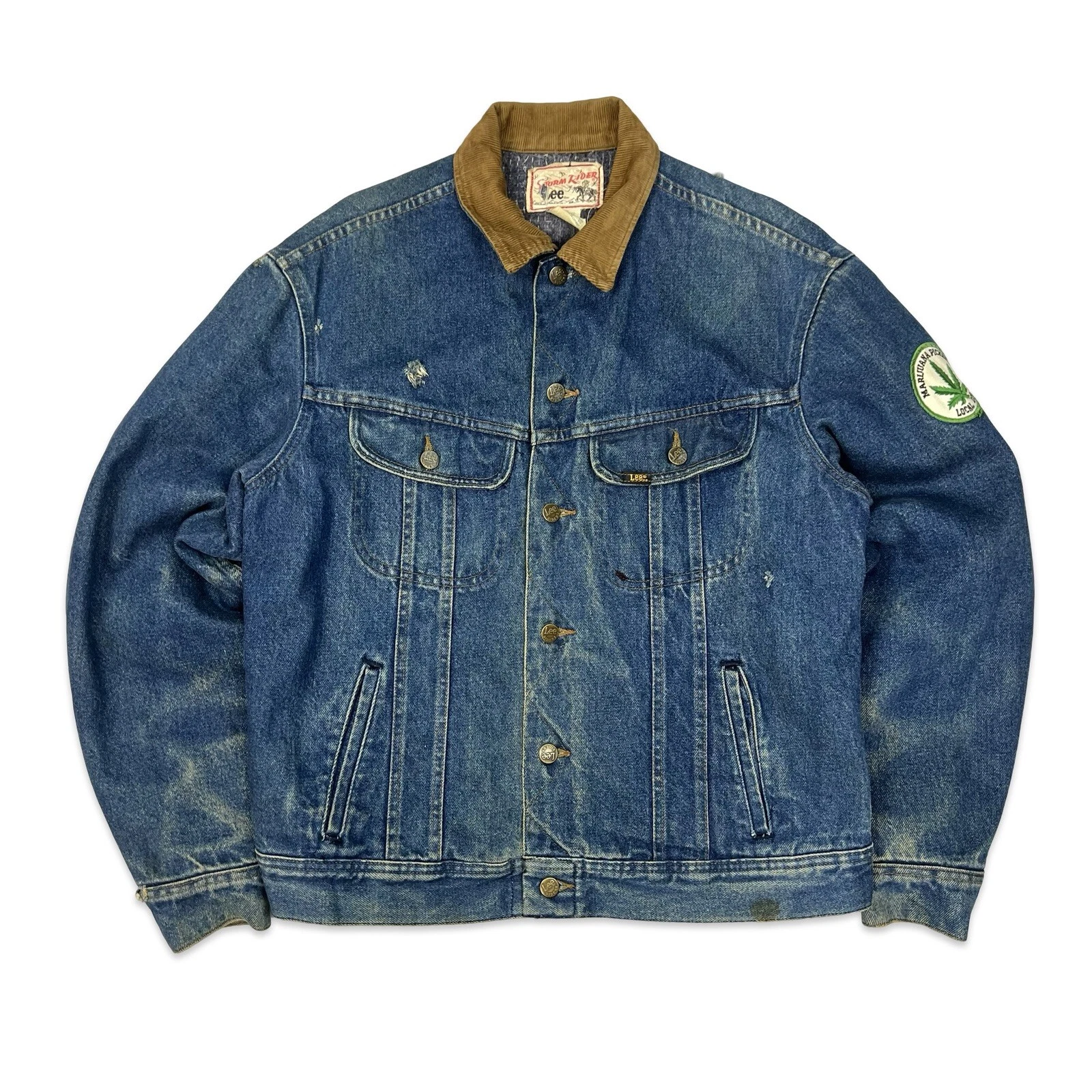 VTG 70s/ 80S LEE STORM RIDER LINED BLUE DENIM JACKET V RARE MARIJUANA PATCH UK L