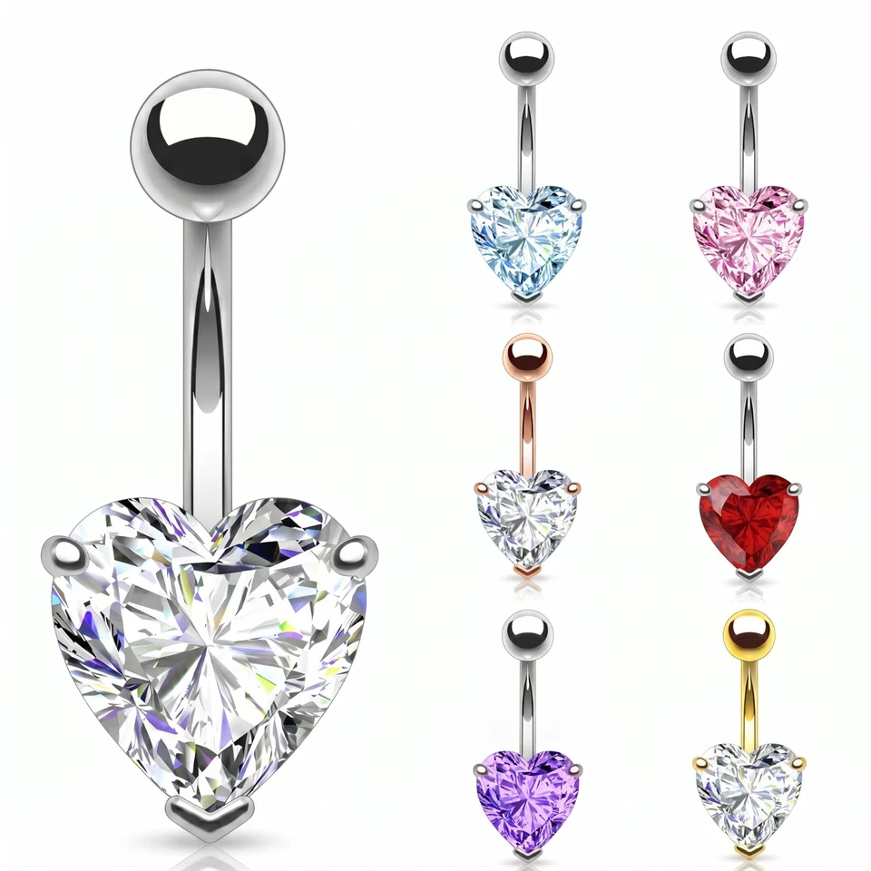 8mm CZ Crystal Heart Navel Bar Belly Button Ring 316L Steel-UK SELLER - Image 1 of 1