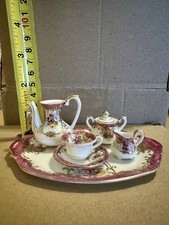 Vintage Miniature Porcelain Tea Set Pink Rose Gold Dollhouse 7-Piece Handpainted
