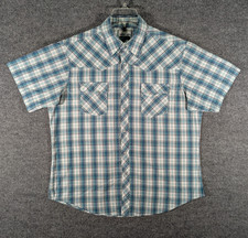 Wrangler Pearl Snap Shirt Men XXL Short Sleeve Teal White Plaid Wrancher Western
