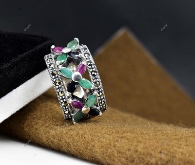 Massiver 925 Sterling Silber Ring unbeheizt Rubin, Smaragd & Saphir 10,46 GM US 9