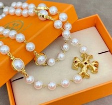 Tory Burch Gold Tone Beaded Necklace Cross Pendant White Pearl Statement