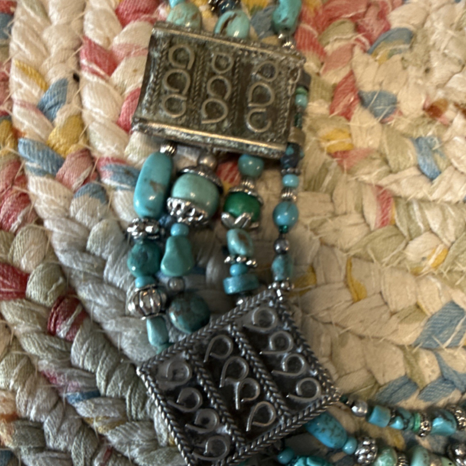 Beaded Necklace Turquoise Rectangular Silver Pend… - image 3