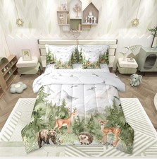 Giant Mountain Forest 7 Piece Comforter Set Twin Woodland Deer Bear Hedgehog ...