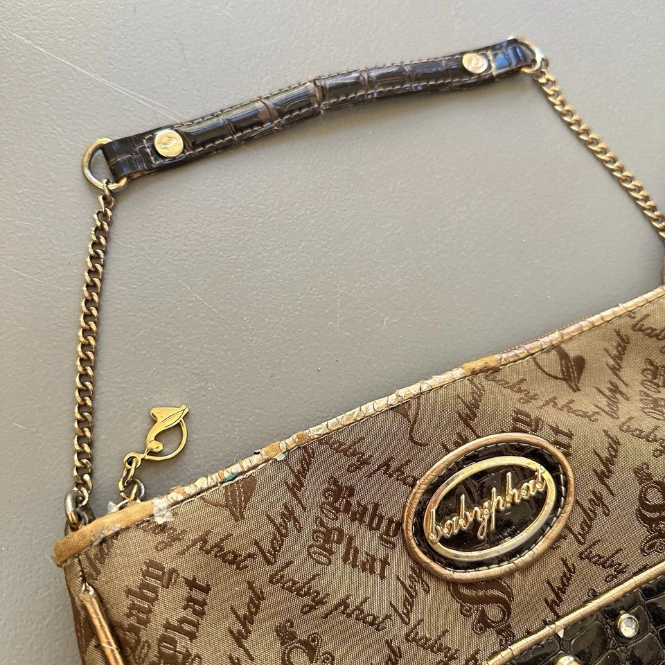 Mini bolso sin asas Y2K Baby Phat negro dorado con correa de cadena bolso de hombro vintage con logotipo Foto 4 de 4