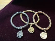 3 Stretch Bracelets Tree Of Life Silvertone, Rose Tone, Goldtone 