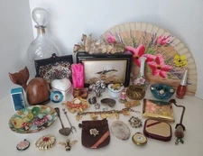Grandma's Vintage Junk Drawer Lot - Jewelry Trinkets Compacts Music Box Sterling