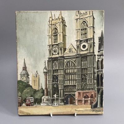 Original Kunst Leinwand Ölgemälde, Westminster Abbey Szene, signiert PIERRE um 1950