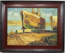 Colorful Oil Painting Of Boats On The Bay With Wood Frame. Impressionist 19”x15”