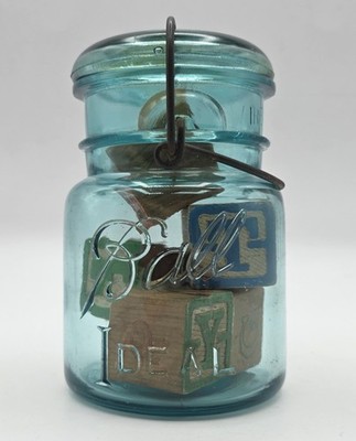 Antique Ball Ideal Blue Glass Wire Bail Jar w/ Lid & ABC Blocks 1908