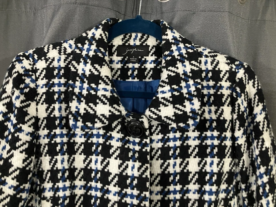 Abrigo, chaqueta vintage Josephine Houndstooth para mujer talla 8 negro/blanco/azul real Foto 2 de 4
