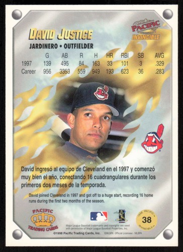 1998 Pacific Invincible #38 David Justice - FREE SHIPPING - Picture 2 of 2