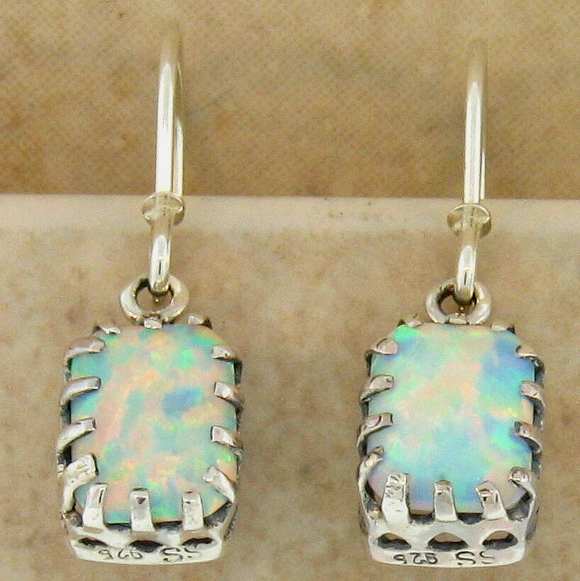 PENDIENTES ÓPALO BLANCO ESTILO ANTIGUO 925 PLATA ESTERLINA MACIZA CREADOS EN LABORATORIO 669X Foto 2 de 2