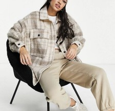 Pimkie Asos Brushed Oversized Checked Shacket Beige White Small