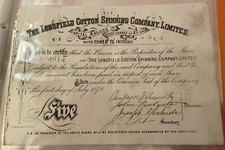 Longfield Cotton Spinning Co. Ltd., Oldham, &pound;5 Aktie, 1878 gepr&auml;gtes Siegel