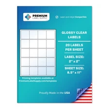 500 Premium Glossy Clear 2" x 2" Square Self Adhesive Labels 20 per sheet