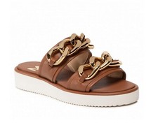 Michael Kors Scarlett Double Chain Platform Slide Leather Sandals Luggage US5.5