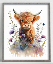 Cow Wall Art Print, Cow With Wildflowers Print, Farmhouse Decor, Home Decor 59