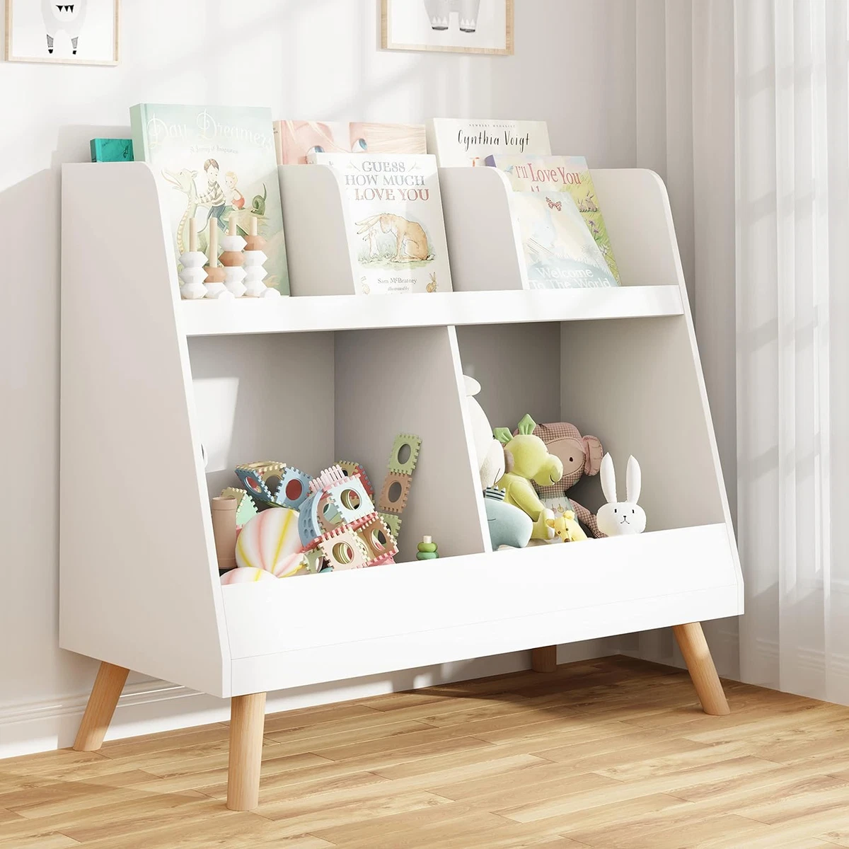 Curipeer Kids Bookshelf and Toy Organizer 5 Cubbies Wooden Open