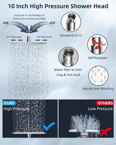 Hibbent All Metal Shower Head,10'' High Pressure Rain Shower Head/Handheld Combo - Picture 25 of 76