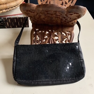 vintage bag womens y2k 90s mini purse black satin sequin shoulder zip glam  euc