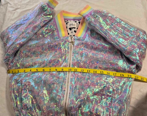 Lola+The Boys Sequin Rainbow Bomber Jacket Girls 8 Iridescent Stars Lined Damage - Picture 7 of 9