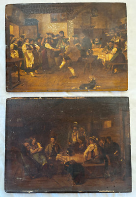 2 German Genre Folk Paintings by Franz von Defregger on Wood Panels Tavern Scene