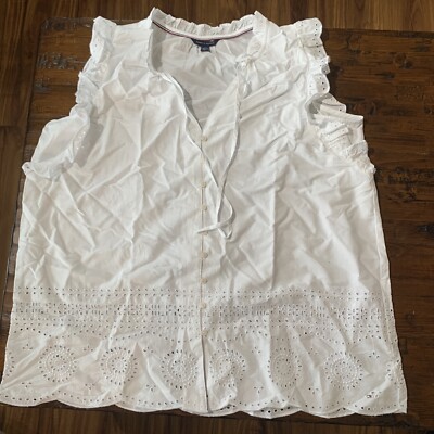 Tommy Hilfiger White Ruffled Trim High V Neck Blouse Sleeveless Womens XXL
