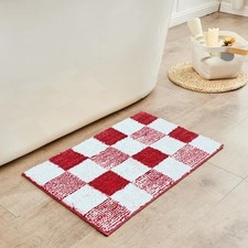 Bathroom Non Slip Fluffy Absorbent Microfiber Bath Mat Red Checkered 24x16