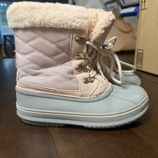 London Fog Boots Girls Size 3 Pink Grey Faux Fur Lace Up Winter Snow
