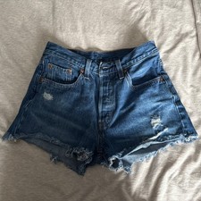 Levis 501 Shorts Womens 25 Blue Denim High Rise Button Fly Distressed Cutoff